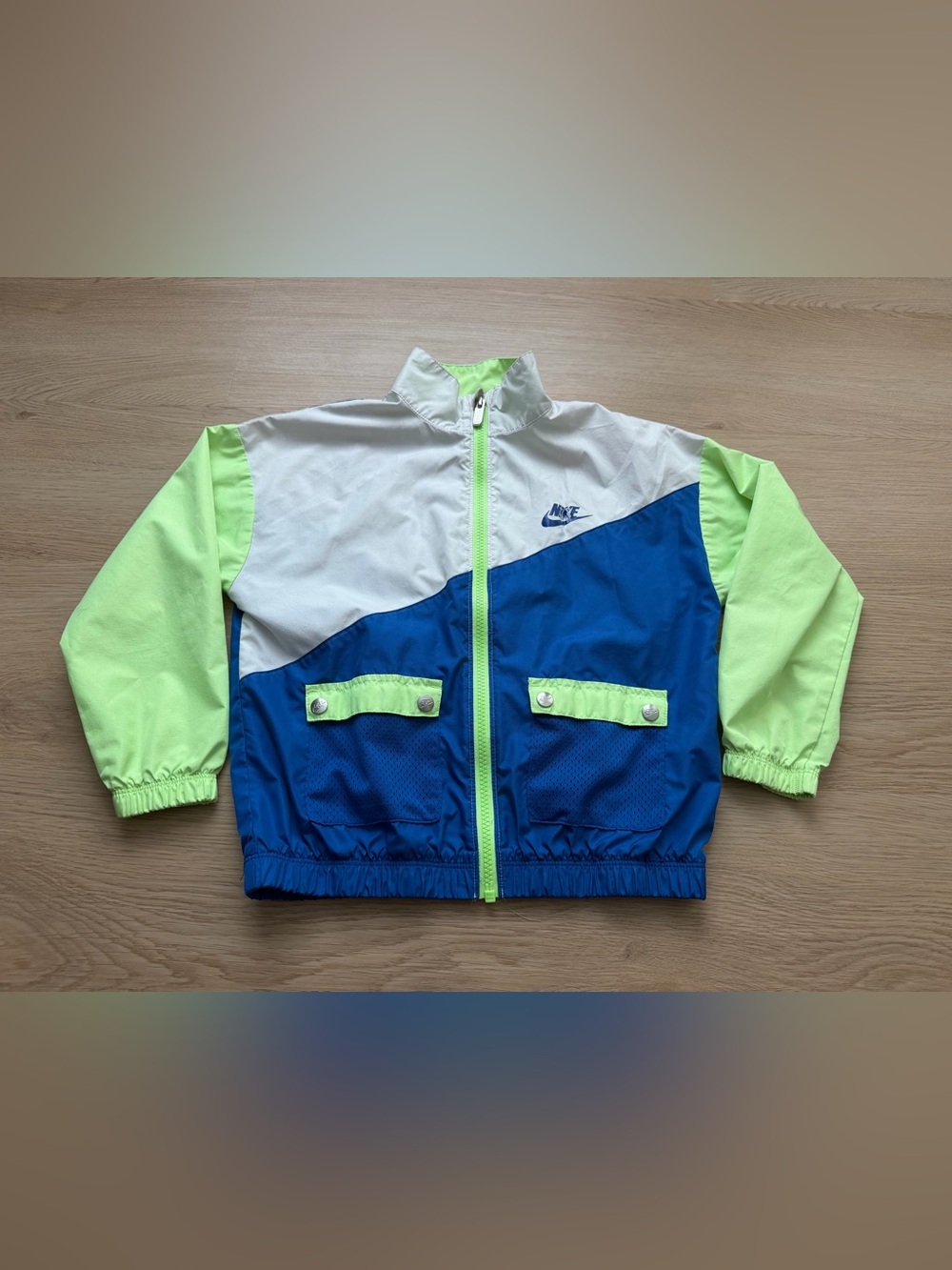 Nike Boys Size 7 Colorblock Full Zip Windbreaker Green Blue White